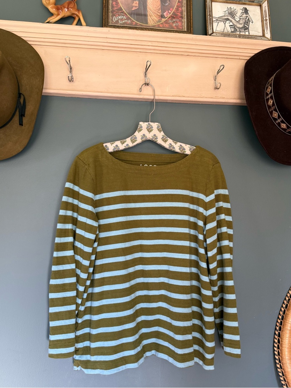 Loft Striped Long Sleeve Top in Olive Green and Light Blue sz XL